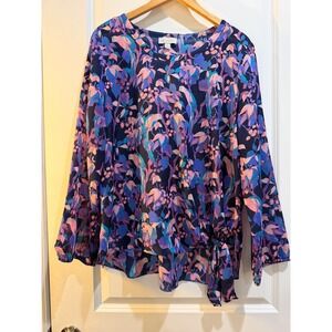 Belle + Sky Tropical Bird Floral Print Side Tie Blouse Blue Purple XL